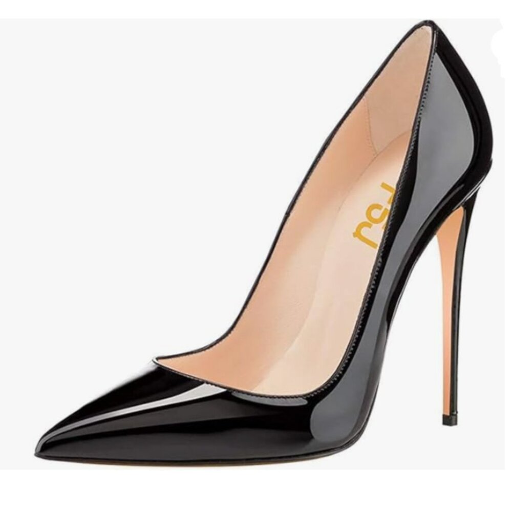 FSJ Black Formal Pointed Toe Pumps High Heel Sexy Stilettos Slip On Office Shoe